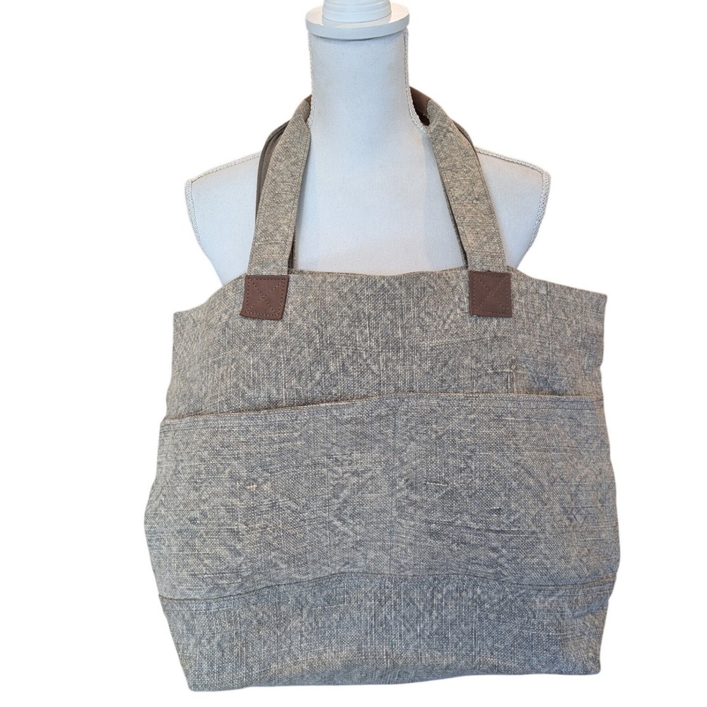 Roost Tote Bag Jute Cotton Leather Trim Handle Gray Striped Lining Magnetic Snap